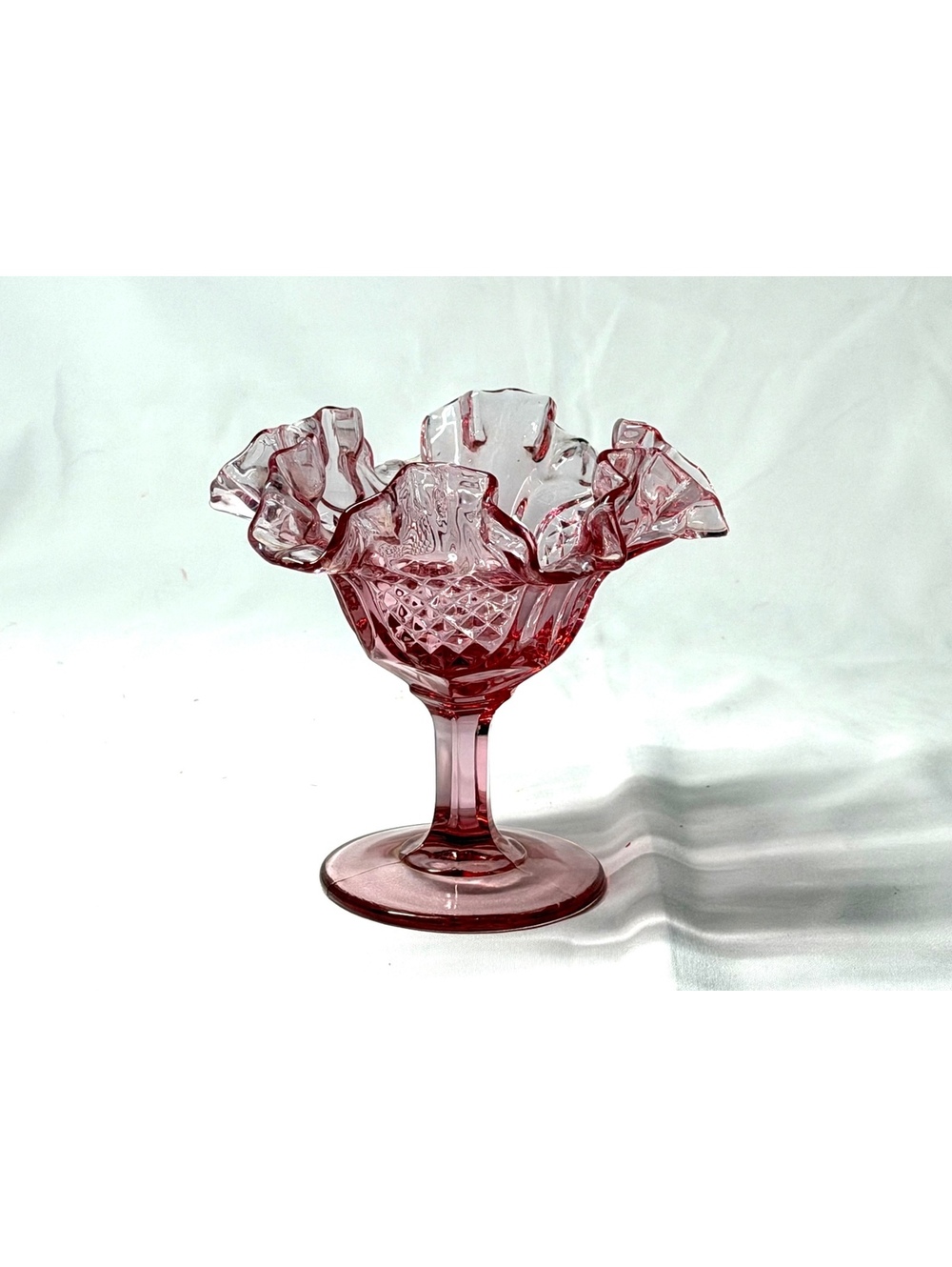 Vintage Fenton Rose Pink Diamond Point Ruffled Pedestal Compote